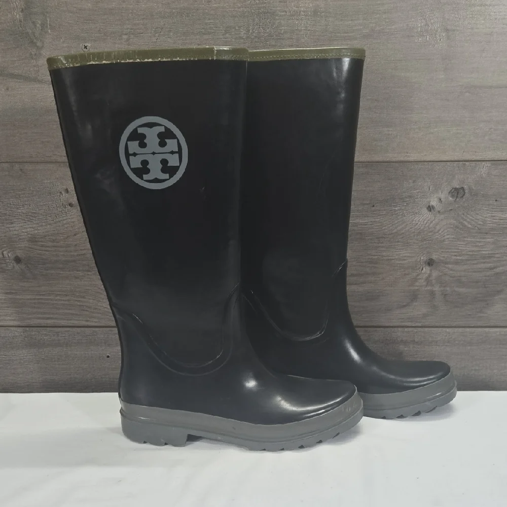 Tory Burch Black/Gray Rain Boots with Logo Sz 9